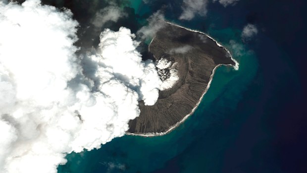 This satellite image provided by Maxar Technologies shows an overview of Hunga Tonga Hunga Haapai volcano in Tonga on Dec. 24, 2021. (Satellite image ©2022 Maxar Technologies via AP)