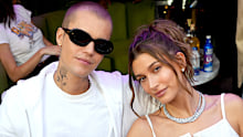 INGLEWOOD, CALIFORNIA - FEBRUARY 13: Justin Bieber and Hailey Bieber attend Super Bowl LVI at SoFi Stadium on February 13, 2022 in Inglewood, California. (Photo by Kevin Mazur/Getty Images for Roc Nation)