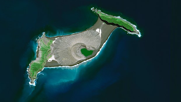 This satellite image provided by Maxar Technologies shows an overview of Hunga Tonga Hunga Haapai volcano in Tonga on April 10, 2021. (Satellite image ©2022 Maxar Technologies via AP)