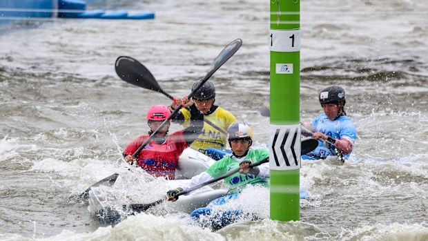 Jessica Fox of Australia, Katerina Bekova of Czech Republic, Coline Charel of France and Miren Lazkano of Spain compete in Women Kayak Cross SemiFinals of ICF Canoe Slalom World Cup Krakow 2024 on Kolna Sport Centre course on June 16, 2024 in Krakow. Poland. (Photo by Dominika Zarzycka/NurPhoto)