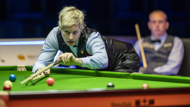 Neil Robertson of Australia plays a shot during Hong Kong Masters 2022 Quarter Final match between Neil Robertson of Australia and Mark Williams of Wales at Hong Kong Coliseum on October 7, 2022 in Hong Kong, China. (Photo by Stephen Law/Eurasia Sport Images/Getty Images)