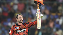 Sunrisers Hyderabad's Travis Head celebrates scoring a century during the Indian Premier League cricket match between Royal Challengers Bangaluru and Sunrisers Hyderabad in Bengaluru, India, Monday, April 15, 2024. (AP Photo/Kashif Masood)