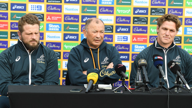James Slipper (from left), Eddie Jones, and Michael Hooper during the Australia men's national rugby team announcement in Johannesburg.