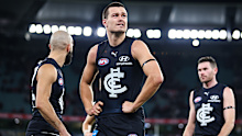 MELBOURNE, AUSTRALIA - JUNE 11: Jack Silvagni of the Blues looks dejected after a loss during the 2023 AFL Round 13 match between the Carlton Blues and the Essendon Bombers at the Melbourne Cricket Ground on June 11, 2023 in Melbourne, Australia. (Photo by Dylan Burns/AFL Photos via Getty Images)