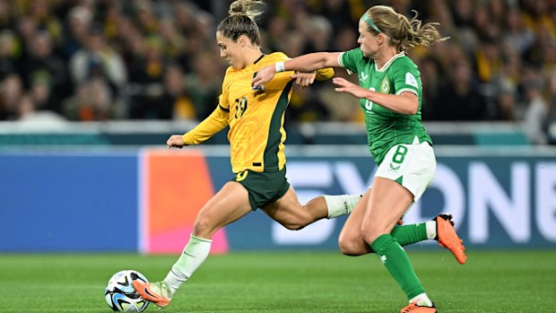 Republic of Ireland's Ruesha Littlejohn in action as Australia's Katrina Gorry shoots at goal 