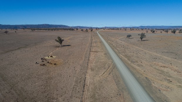 An aerial shot of Horton Rd, off Killarney Gap Road between Bingara and Narrabri, shows the extent of the drought. 