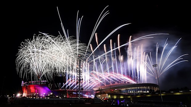 A view of fireworks during the Birmingham 2022 Commonwealth Games Closing Ceremony at Alexander Stadium on August 08, 2022 on the Birmingham, England. (Photo by Stephen Pond/Getty Images)
