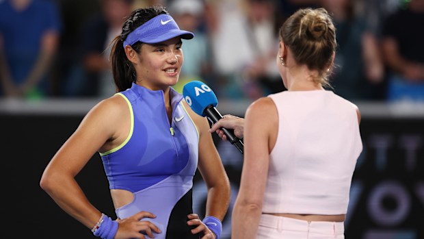 MELBOURNE, AUSTRALIA - JANUARY 18: Emma Raducanu of Great Britain speaks to the media following victory over Mananchaya Sawangkaew of Thailand during the Women's Singles First Round match on day one of the 2026 Australian Open at Melbourne Park on January 18, 2026 in Melbourne, Australia. (Photo by Morgan Hancock/Getty Images)