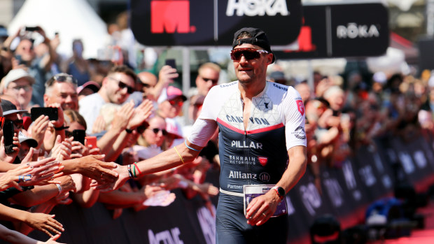 04 June 2023, Hamburg: Triathlon: European Championship, Ironman, men. Men's Ironman European Championship in Hamburg. Jan Frodeno from Germany crosses the finish line. He takes 4th place. Photo: Markus Tischler/dpa (Photo by Markus Tischler/picture alliance via Getty Images)