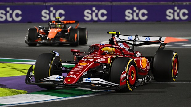 Lewis Hamilton of Great Britain driving the (44) Scuderia Ferrari SF-25 leads Lando Norris of Great Britain driving the (4) McLaren MCL39 Mercedes on track during the F1 Grand Prix of Saudi Arabia at Jeddah Corniche Circuit on April 20, 2025 in Jeddah, Saudi Arabia. (Photo by Rudy Carezzevoli/Getty Images)