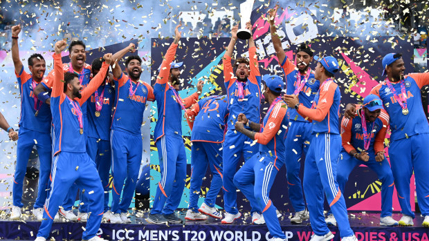 India lift the ICC Men's T20 Cricket World Cup Trophy following the ICC Men's T20 Cricket World Cup West Indies & USA 2024 Final match between South Africa and India at Kensington Oval on June 29, 2024 in Bridgetown, Barbados. (Photo by Gareth Copley/Getty Images)