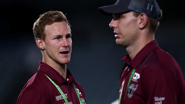 Daly Cherry-Evans talks to Tom Trbojevic of the Sea Eagles following the South Sydney Rabbitohs and the Manly Sea Eagles at Industree Group Stadium on February 10, 2023 in Gosford, Australia. (Photo by Jason McCawley/Getty Images)