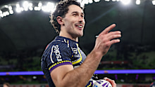Nick Meaney of the Storm thanks fans after winning the round 23 NRL match between Melbourne Storm and Brisbane Broncos at AAMI Park, on August 07, 2025, in Melbourne, Australia. (Photo by Morgan Hancock/Getty Images)