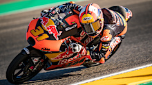 Cropped: Moto3 rider Adrian Fernandez of Spain and Red Bull KTM Tech 3 rides during the free practice of the MotoGP Gran Premio Animoca Brands de Aragón at Motorland Aragon Circuit on September 16, 2022 in Alcaniz, Spain. (Photo by Steve Wobser/Getty Images)