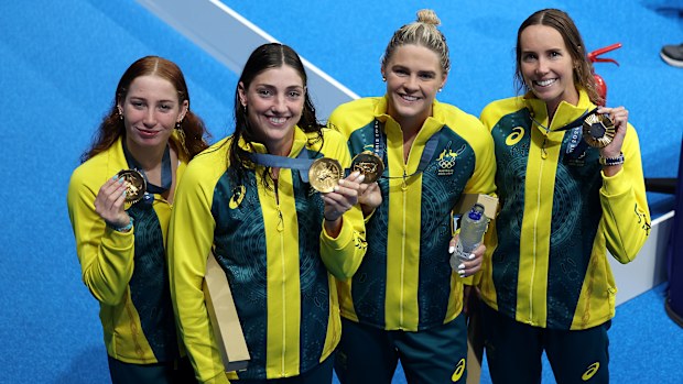 Gold Medalists, Mollie O'Callaghan, Shayna Jack, Emma McKeon and Meg Harris of Team Australia pose with their medals following the Medal Ceremony after the Women's 4x100m Freestyle Relay Final on day one of the Olympic Games Paris 2024 at Paris La Defense Arena on July 27, 2024 in Nanterre, France. (Photo by Quinn Rooney/Getty Images)