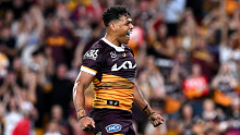 BRISBANE, AUSTRALIA - APRIL 12: Selwyn Cobbo of the Broncos celebrates after scoring a try during the round six NRL match between the Brisbane Broncos and Dolphins at Suncorp Stadium, on April 12, 2024, in Brisbane, Australia. (Photo by Bradley Kanaris/Getty Images)