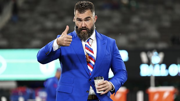 ESPN broadcaster Jason Kelce gives a thumbs up prior to an NFL game.