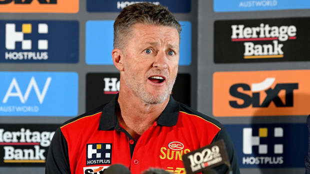 GOLD COAST, AUSTRALIA - AUGUST 21: Damien Hardwick speaks at a Gold Coast Suns AFL press conference announcing his signing as the new coach at Heritage Stadium on August 21, 2023 in Gold Coast, Australia. (Photo by Bradley Kanaris/Getty Images)
