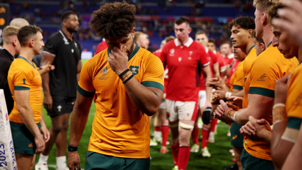 Rob Valetini of Australia looks dejected at fulltime in Lyon.