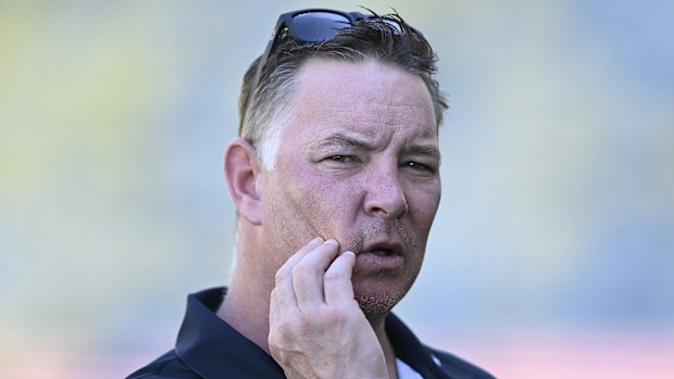 TOWNSVILLE, AUSTRALIA - AUGUST 17: Newcastle coach Adam O'Brien looks on before the start of the round 24 NRL match between North Queensland Cowboys and Newcastle Knights at Queensland Country Bank Stadium, on August 17, 2025, in Townsville, Australia. (Photo by Ian Hitchcock/Getty Images)