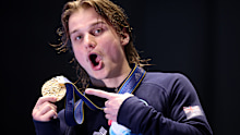 FUKUOKA, JAPAN - JULY 22: Gold medalist Cassiel Rousseau of Team Australia poses during the medal ceremony for the Men's 10m Platform Final on day nine of the Fukuoka 2023 World Aquatics Championships at Fukuoka Prefectural Pool on July 22, 2023 in Fukuoka, Japan. (Photo by Adam Pretty/Getty Images)