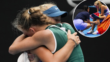 Alina Korneeva, left, of Russia embraces compatriot Mirra Andreeva after winning the girls' singles final at the Australian Open.