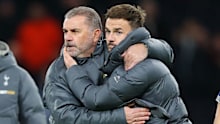 Ange Postecoglou embraces James Maddison of Tottenham Hotspur.