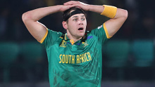 Gerald Coetzee reacts during his side's loss to the Netherlands. 
