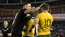 Sonny Bill Williams pats Bernard Foley's head after a disallowed try in 2017.