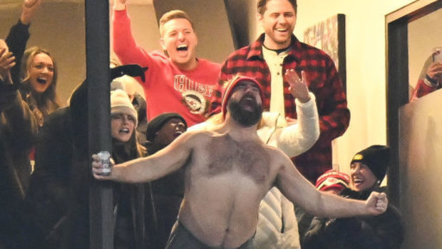 Jason Kelce of the Philadelphia Eagles celebrates after the Kansas City Chiefs score a touchdown.
