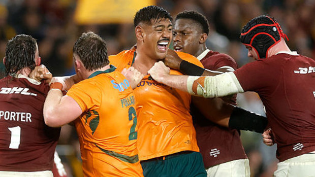 Will Skelton of the Wallabies fights with James Ryan of the British and Irish Lions.