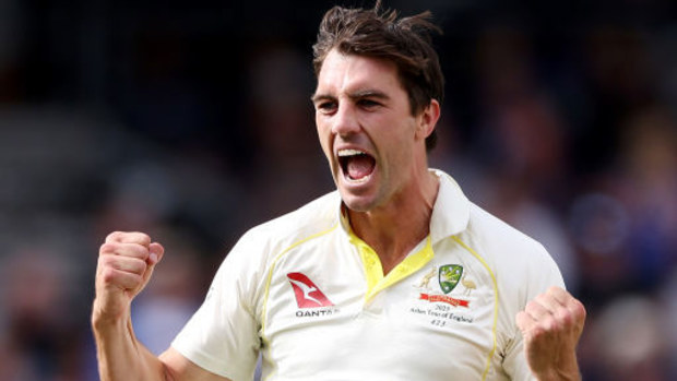 Pat Cummins of Australia celebrates after taking the wicket of Harry Brook of England.