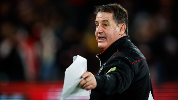 MELBOURNE, AUSTRALIA - MAY 27: Ross Lyon, Senior Coach of the Saints looks on during the 2023 AFL Round 11 match between the St Kilda Saints and the Hawthorn Hawks at Marvel Stadium on May 27, 2023 in Melbourne, Australia. (Photo by Dylan Burns/AFL Photos)