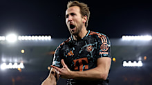 Harry Kane of Bayern Munich celebrates scoring his team's second goal.