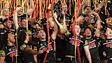 Nathan Cleary and Isaah Yeo of the Panthers hold aloft the Provan-Summons Trophy after winning the 2023 NRL Grand Final match between Penrith Panthers and Brisbane Broncos at Accor Stadium on October 01, 2023 in Sydney, Australia. (Photo by Matt King/Getty Images)