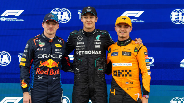 George Russell of Great Britain and Mercedes, Lando Norris of Great Britain and McLaren and Max Verstappen of Netherlands and Oracle Red Bull Racing pose for a phot after qualifying ahead of the F1 Grand Prix of Canada at Circuit Gilles Villeneuve on June 8, 2024 in Montreal, Canada. (Photo by Kym Illman/Getty Images)