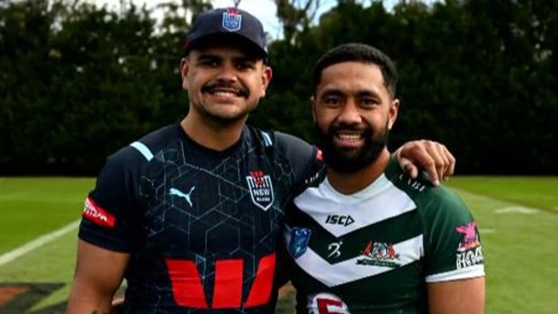 Latrell Mitchell and Semisi Kioa after their opposed session in Blues camp.
