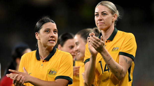 SYDNEY, AUSTRALIA - FEBRUARY 19: Sam Kerr of Australia and Alanna Kennedy of Australia after the Cup of Nations women's football match between the Australian Matildas and Spain at CommBank Stadium on February 19, 2023 in Sydney, Australia. (Photo by Steven Markham/Icon Sportswire)