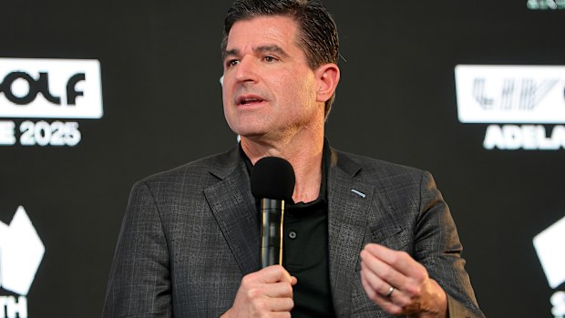 CEO, LIV Golf, Scott O'Neil  during a press conference ahead of LIV Golf Adelaide at The Grange Golf Club on February 12, 2025 in Adelaide, Australia. (Photo by Sarah Reed/Getty Images)