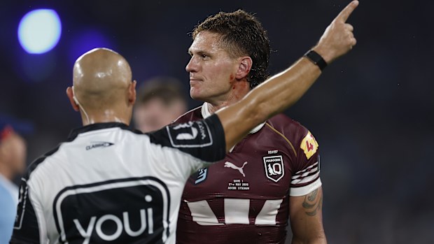 Kalyn Ponga is sent off by referee Ashley Klein during State of Origin game one.