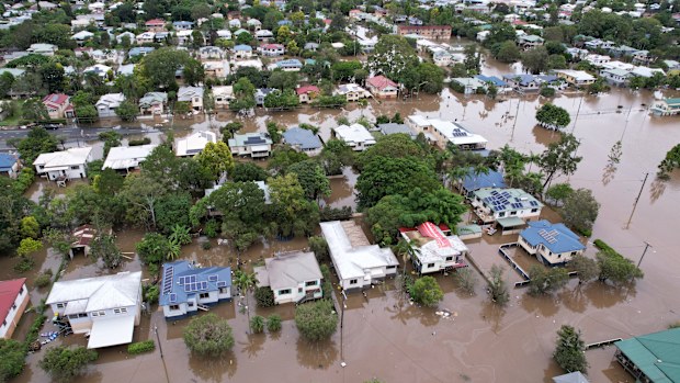 An aerial drone view of houses surrounded by floodwater on March 31, 2022 in Lismore, Australia. Evacuation orders have been issued for towns across the NSW Northern Rivers region, with flash flooding expected as heavy rainfall continues. It is the second major flood event for the region this month. (Photo by Dan Peled/Getty Images)
