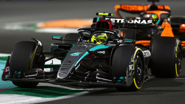 Lewis Hamilton of Great Britain driving the (44) Mercedes AMG Petronas F1 Team W15 on track during the F1 Grand Prix of Saudi Arabia at Jeddah Corniche Circuit on March 09, 2024 in Jeddah, Saudi Arabia. (Photo by Bryn Lennon - Formula 1/Formula 1 via Getty Images)