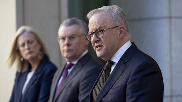 Prime Minister Anthony Albanese, Minister for Finance Senator Katy Gallagher and Minister for the Environment Katy Gallagher during a press conference about the EPBC legislation at Parliament House in Canberra on November 27, 2025.