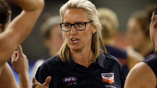 Debbie Lee, coach of Victoria, addresses her players during the AFL Women's State of Origin match between Victoria and the Allies at Etihad Stadium on September 2, 2017 in Melbourne, Australia.