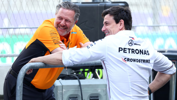 McLaren chief executive officer Zak Brown (left) and Mercedes executive director Toto Wolff. 