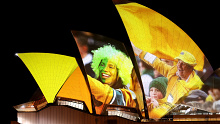 The Sydney Opera House illuminated as part of Australia's Rugby World Cup bid.