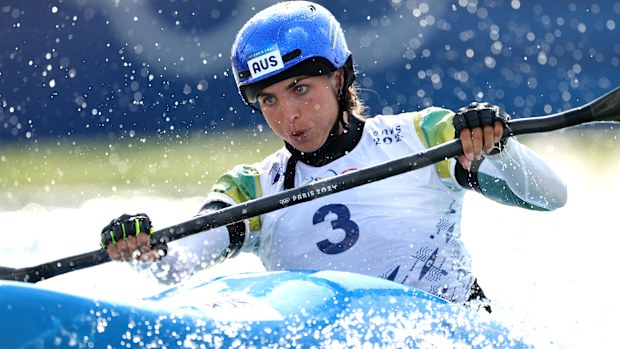 Jess Fox of Australia competes at Vaires-Sur-Marne Nautical Stadium.