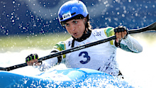 Jess Fox of Australia competes at Vaires-Sur-Marne Nautical Stadium.