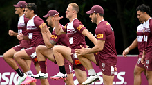 Daly Cherry-Evans and Ben Hunt during Maroons training.