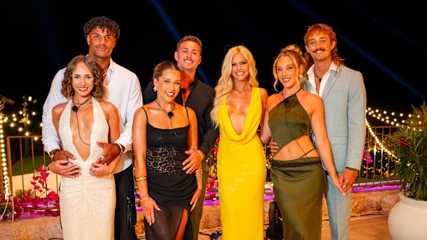 Love Island Australia 2025 grand finale winners host Sophie Monk Jaide and Jotham, Yana and Kye, Sharn and Ross